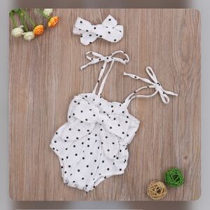 White‎ & Black polka dot Romper & headband set child size 12-18 months